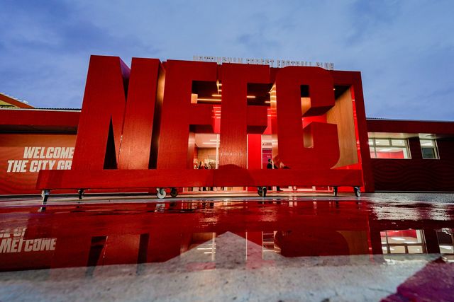 A general view of the NFFC giant banner outside the entrance of the stadium during the UEFA Europa League 
Knockout Round Play-offs match Nottingham Forest vs Fenerbahce at City Ground, Nottingham, United Kingdom on 26 February 2026

(Photo by Maynard Manyowa/News Images)