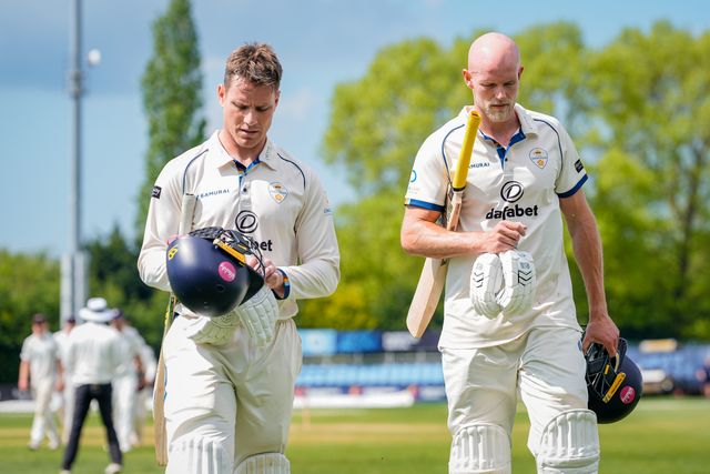 Zak Chappell and Luis Reece walk off for lunch during the county Championship Division Two day 4 Derbyshire vs Gloucestershire at The Central Co-Op County Ground, Derby, United Kingdom on 27 April 2026

(Photo by Maynard Manyowa/News Images)