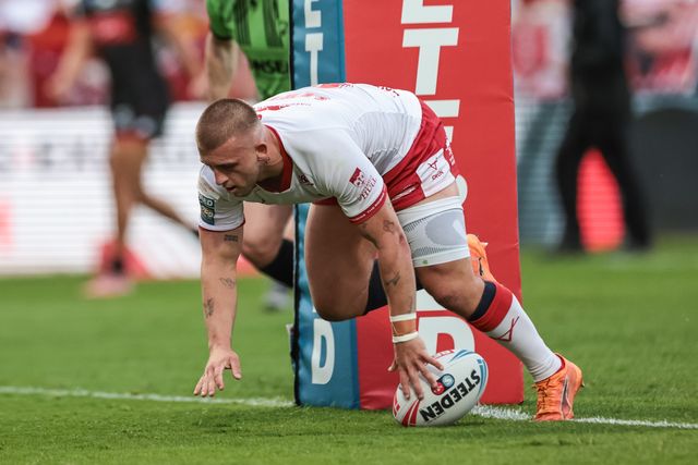 Mikey Lewis of Hull KR goes over for a hat-trick of try's during the Betfred Super League round 12 match Hull KR vs Wigan Warriors at Sewell Group Craven Park, Hull, United Kingdom on 21 May 2026

(Photo by Mark Cosgrove/News Images)