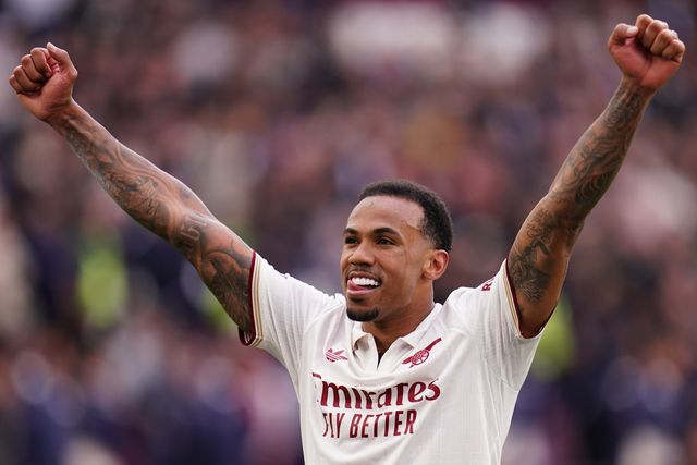 Gabriel of Arsenal celebrates crucial win at full time during the Premier League match West Ham United vs Arsenal at London Stadium, London, United Kingdom on 10 May 2026

(Photo by Harvey Murphy/News Images)