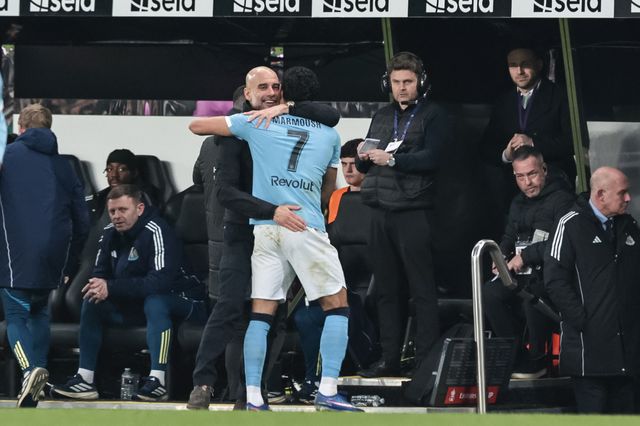 Pep Guardiola manager of Manchester City embraces Omar Marmoush of Manchester City after he’s substituted during the Emirates FA Cup 5th Round  match Newcastle Untied vs Manchester City at St. James's Park, Newcastle, United Kingdom on 07 March 2026

(Photo by Mark Cosgrove/News Images)