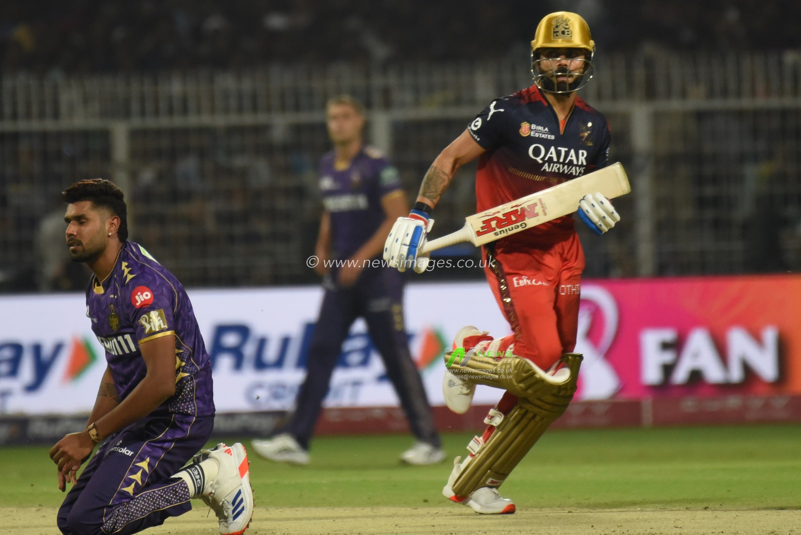 Royal Challengers Bengaluru's Virat Kohli take runs during the Indian Premier League cricket match between Kolkata Knight Riders and Royal Challengers Bengaluru at Eden Gardens in Kolkata, India, Saturday, March 22, 2025.(Photo: Debajyoti Chakraborty/News Images)