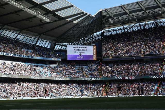 Decision no handball on Ollie Watkins of Aston Villa’s goal, 1-1 during the Premier League match Manchester City vs Aston Villa at Etihad Stadium, Manchester, United Kingdom on 24 May 2026

(Photo by Mark Cosgrove/News Images)