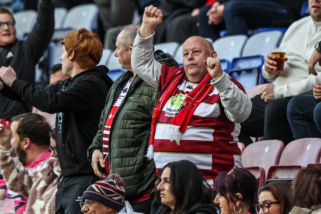 Wigan fans celebrate a try during the Betfred Super League round 11 match Wigan Warriors vs Leeds Rhinos at The Brick Community Stadium, Wigan, United Kingdom on 15 May 2026

(Photo by Alfie Cosgrove/News Images)
