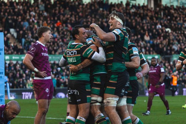 Alex Coles of Northampton Saints and Alex Mitchell of Northampton Saints celebrate Josh Kemeny of Northampton Saints try during the Gallagher Premiership match Northampton Saints vs Sale Sharks at Cinch Stadium at Franklin's Gardens, Northampton, United Kingdom, 20th December 2025

(Photo by Craig Evans/News Images)

*** GER AUT SUI OUT ***