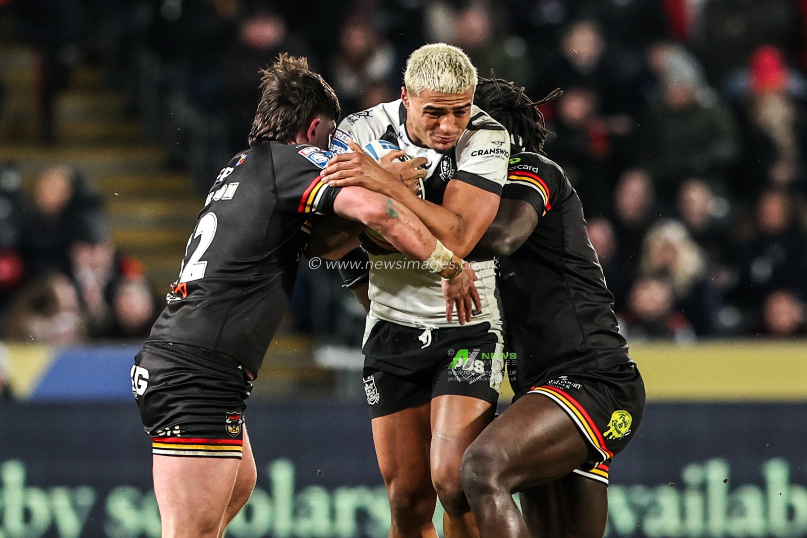 Will Pryce of Hull FC is tackled during the Betfred Super League round 1 match Hull FC vs Bradford Bulls at MKM Stadium, Hull, United Kingdom on 14 February 2026

(Photo by Alfie Cosgrove/News Images)
