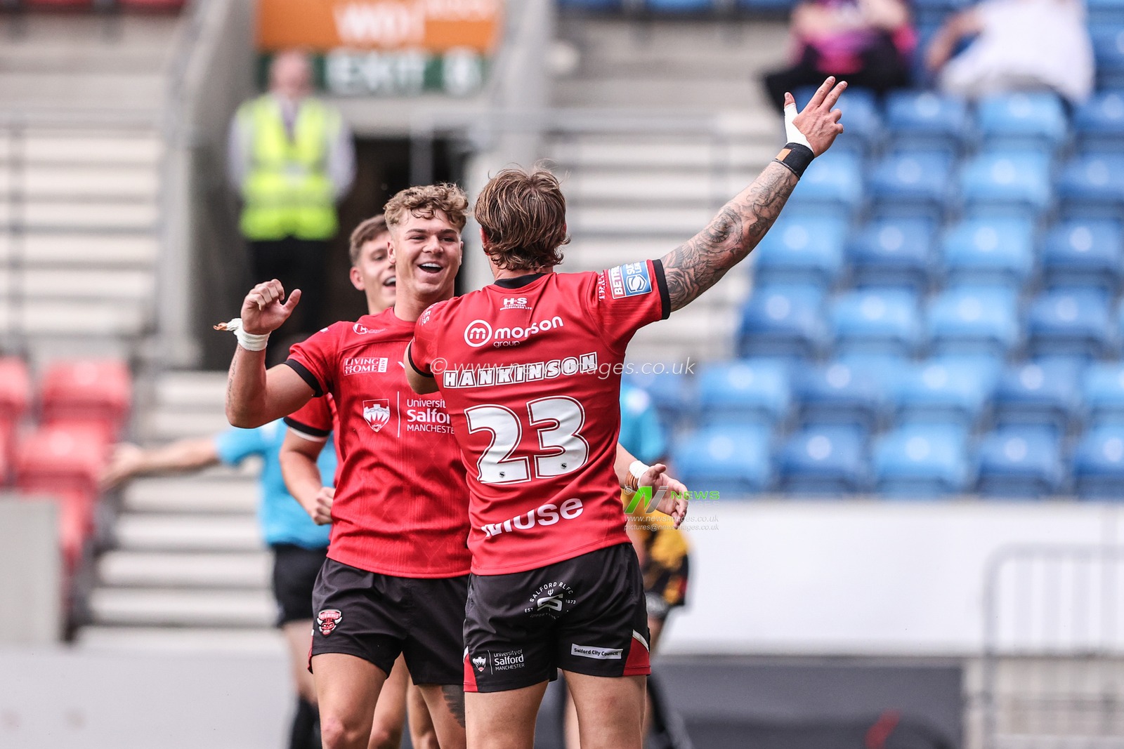 Chris Hankinson of Salford Red Devils celebrates his try during the Betfred Super League Round 18 match Salford Red Devils vs Castleford Tigers at Salford Community Stadium, Eccles, United Kingdom, 13th July 2025

(Photo by Alfie Cosgrove/News Images)