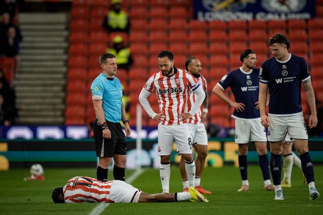 Eric Bocat of Stoke City goes down injured during the Sky Bet Championship match Stoke City vs Millwall at Bet365 Stadium, Stoke On Trent, United Kingdom on 21 April 2026

(Photo by Maynard Manyowa/News Images)