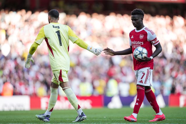 David Raya of Arsenal and Bukayo Saka of Arsenal during the Pre-season friendly match Arsenal vs Athletic Bilbao at Emirates Stadium, London, United Kingdom, 9th August 2025

(Photo by Harvey Murphy/News Images)