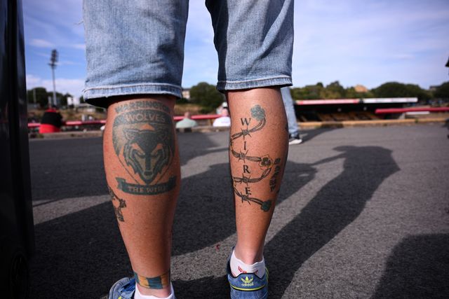 A detailed view of a Warrington Wolves fans tattoos prior to the Betfred Super League round 22 match Bradford Bulls vs Warrington Wolves at Odsal Stadium, Bradford, United Kingdom on 08 August 2026

(Photo by Ben Roberts/News Images)
