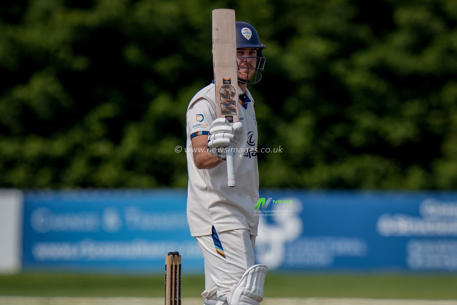 Matthew Montgomery raises his bat towards the pavilion after scoring a half century during the County Championship Division Two Derbyshire v Gloucestershire at The Central Co-Op County Ground, Derby, United Kingdom on 26 April 2026

(Photo by Maynard Manyowa/News Images)