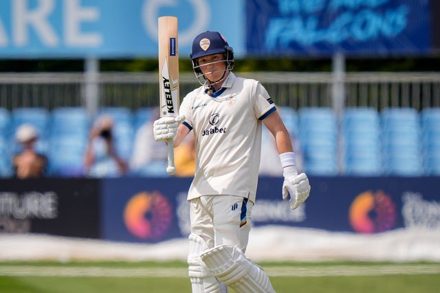 Harry Came of Derbyshire celebrates reaching his 50 by raising his bat to acknowledge the dressing room cheering his half century during the County Championship Division Two Derbyshire vs Northamptonshire day one match at The Central Co-Op County Ground, Derby, United Kingdom on 08 May 2026

(Photo by Maynard Manyowa/News Images)