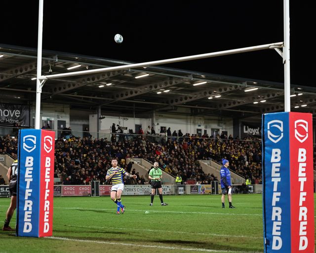 Marc Sneyd of Warrington Wolves converts for a goal during the Betfred Super League Round 4 match York Knights vs Warrington Wolves at LNER Community Stadium, York, United Kingdom on 06 March 2026

(Photo by Mark Cosgrove/News Images)