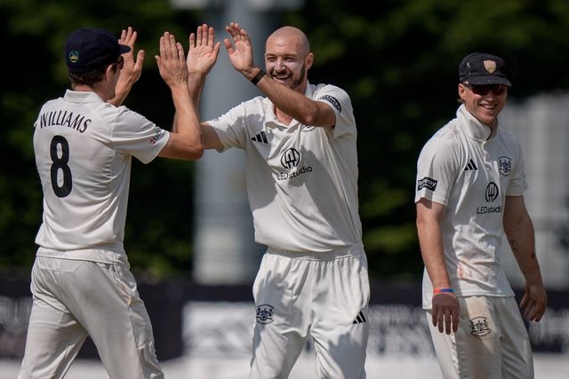 Gabe Bell of Gloucestershire celebrates his wicket of Ben Aitchison of Derbyshire with his team mates during the county Championship Division Two day 4 Derbyshire vs Gloucestershire at The Central Co-Op County Ground, Derby, United Kingdom on 27 April 2026

(Photo by Maynard Manyowa/News Images)