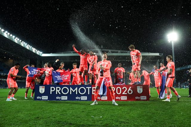 Coventry City celebrates promotion back to the Premier League after the Sky Bet Championship match Blackburn Rovers vs Coventry City at Ewood Park, Blackburn, United Kingdom on 17 April 2026

(Photo by Jorge Horsted/News Images)