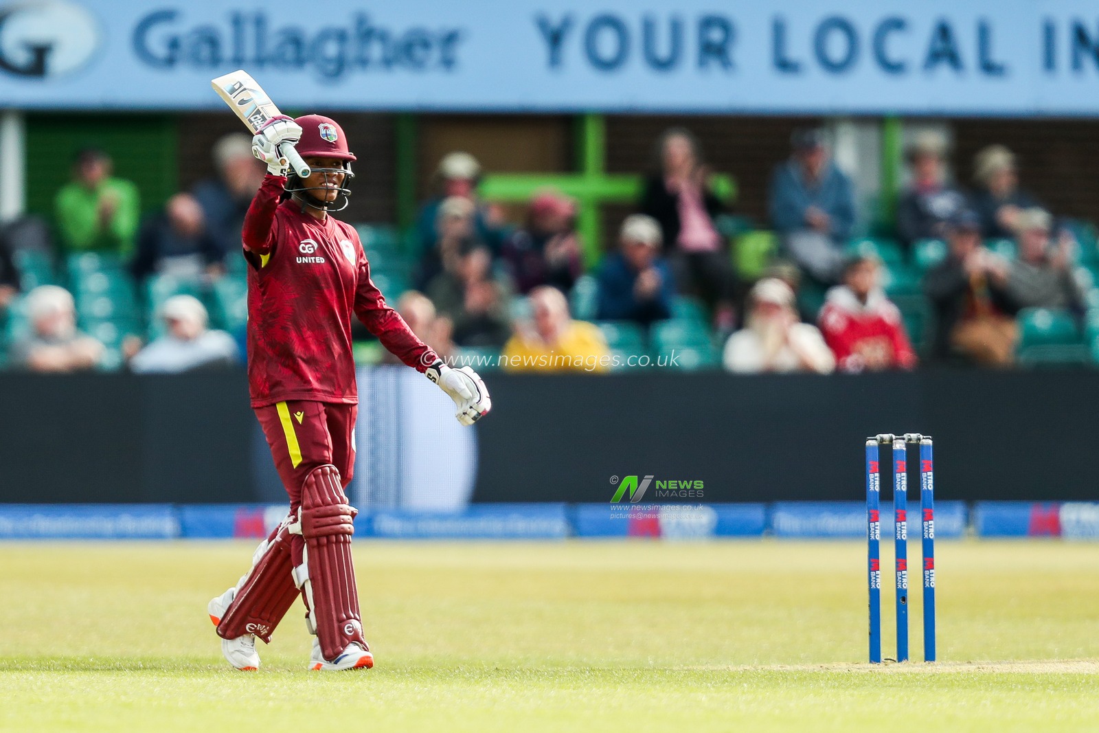 Realeanna Grimmond of West Indies Women celebrates a half century during the 2nd Metro Bank ODI Day International England Women v West Indies Women at Uptonsteel County Ground, Leicester, United Kingdom, 4th June 2025

(Photo by Izzy Poles/News Images)