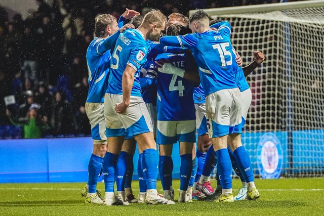 Stockport County Forward Kyle Wootton and team mates celebrate the goal during the Sky Bet League 1 match Stockport County vs Exeter City at Edgeley Park Stadium, Stockport, United Kingdom, 7th December 2024

(Photo by James Giblin/News Images)