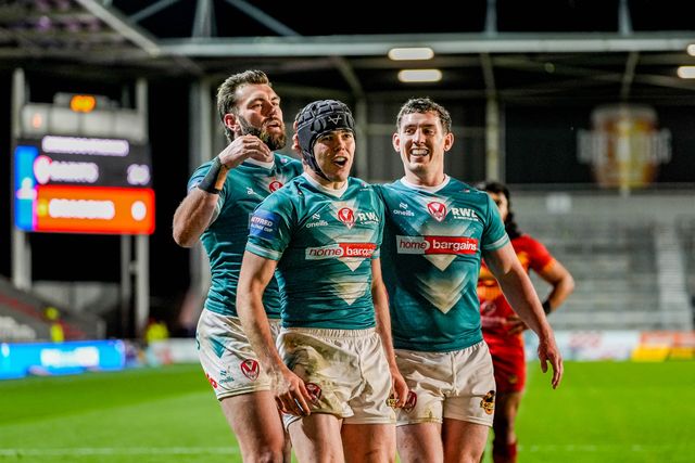 George Whitby of St Helens celebrates his try during the Betfred Challenge Cup Quarter Final match St Helens vs Catalans Dragons at The BrewDog Stadium, St Helens, United Kingdom on 10 April 2026

(Photo by Maynard Manyowa/News Images)