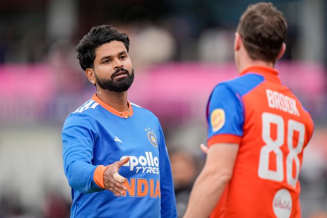 India captain Shreyas Iyer  shakes hands with England captain Harry Brook at the end of the match during the Second Vitality T20 International match England vs India at Old Trafford, Manchester, United Kingdom on 04 July 2026

(Photo by Maynard Manyowa/News Images)