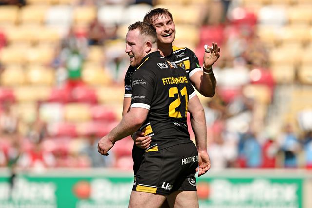 Connor Fitzsimmons of York Knights RLFC celebrates scoring a try with Oli Field of York Knights RLFC during the Betfred Championship match York City Knights vs Featherstone Rovers at LNER Community Stadium, York, United Kingdom, 29th June 2025

(Photo by Sam Eaden/News Images)