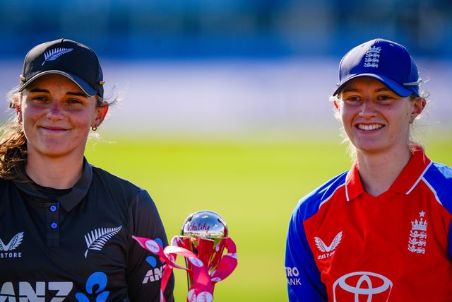 New Zealand captain Amelia Kerr and England captain Nat Sciver-Brunt pose with the Vitality Trophy before the game during the England Women v New Zealand 1st Vitality IT20 match at The Central Co-Op County Ground, Derby, United Kingdom on 20 May 2026

(Photo by Maynard Manyowa/News Images)