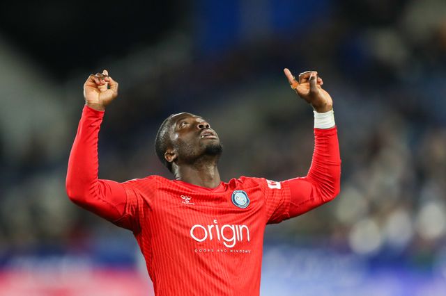 Daniel Udoh of Wycombe Wanderers celebrates goal to make it 1-0 during the Sky Bet League 1 match Huddersfield Town vs Wycombe Wanderers at John Smith's Stadium, Huddersfield, United Kingdom, 8th April 2025

(Photo by Jorge Horsted/News Images)