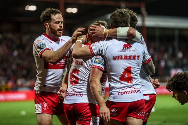 Mikey Lewis of Hull KR celebrates his try during the Betfred Super League round 6 match Hull KR vs St Helens at Sewell Group Craven Park, Hull, United Kingdom on 27 March 2026

(Photo by Alfie Cosgrove/News Images)