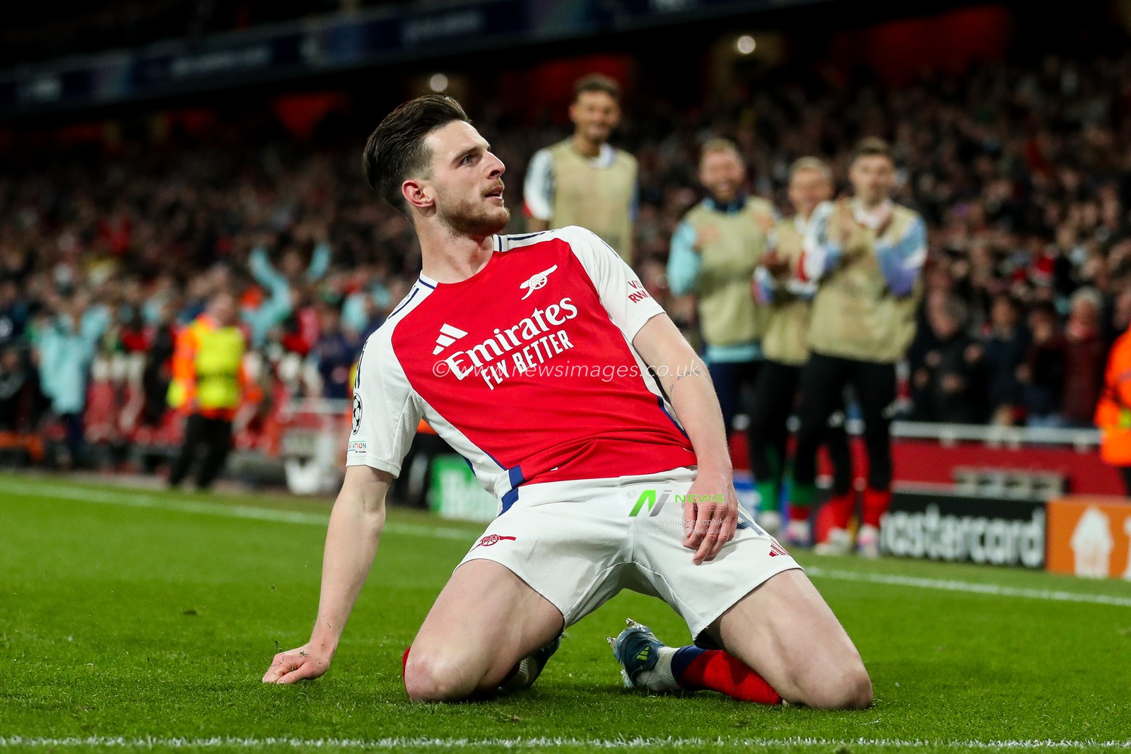 Declan Rice of Arsenal celebrates his goal to make it 1-0 during the UEFA Champions League Quarter-finals match Arsenal vs Real Madrid at Emirates Stadium, London, United Kingdom, 8th April 2025

(Photo by Izzy Poles/News Images)