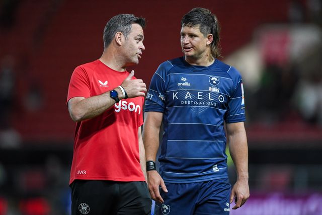 Johann van Graan of Bath Rugby and Benhard Janse van Rensburg of Bristol Bears embrace after the Gallagher Premiership match Bristol Bears vs Bath at Ashton Gate, Bristol, United Kingdom on 29 May 2026

(Photo by Alex Williamson/News Images)