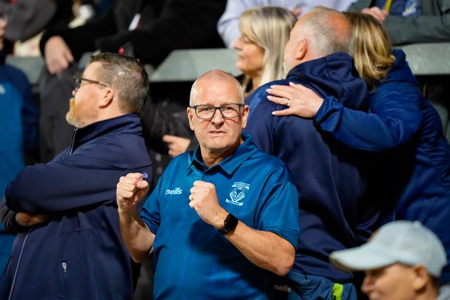 Wolves fan celebrates the victory during the Betfred Super League round 14 match St Helens vs Warrington Wolves at The BrewDog Stadium, St Helens, United Kingdom on 11 June 2026

(Photo by Maynard Manyowa/News Images)