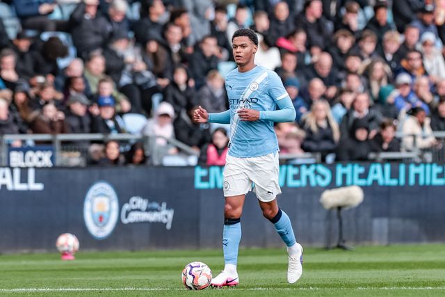 Leke Drake of Manchester City U18's with the ball during the FA Youth Cup Final match Manchester City U18 vs Manchester United U18 at Joie Stadium, Manchester, United Kingdom on 14 May 2026

(Photo by Mark Cosgrove/News Images)