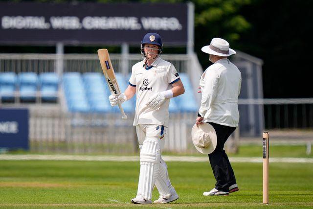 Harry Came of Derbyshire celebrates reaching his 50 by raising his bat to acknowledge the dressing room cheering his half century during the County Championship Division Two Derbyshire vs Northamptonshire day one match at The Central Co-Op County Ground, Derby, United Kingdom on 08 May 2026

(Photo by Maynard Manyowa/News Images)