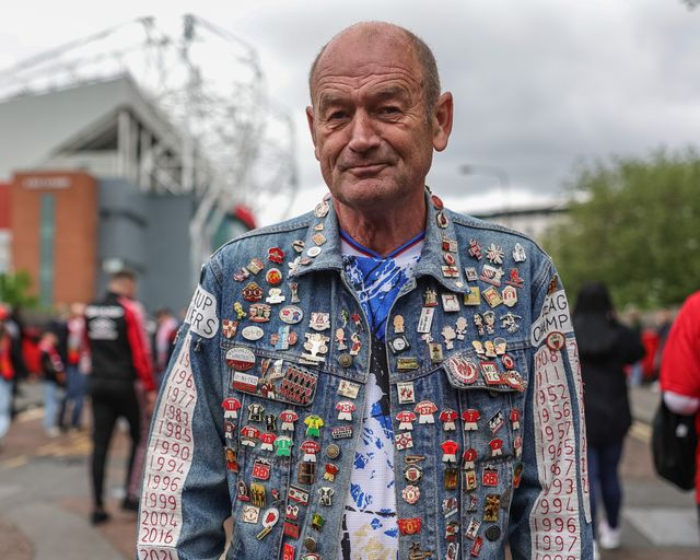 Manchester United fan with pin badges on his denim coat during the Premier League match Manchester United vs Liverpool at Old Trafford, Manchester, United Kingdom on 03 May 2026

(Photo by Mark Cosgrove/News Images)