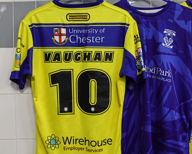 The match shirt of Paul Vaughan of Warrington Wolves who makes his 300th career appearance during the Betfred Super League Round 20 Leigh Leopards vs Warrington Wolves at Leigh Sports Village, Leigh, United Kingdom, 1st August 2025

(Photo by Mark Cosgrove/News Images)