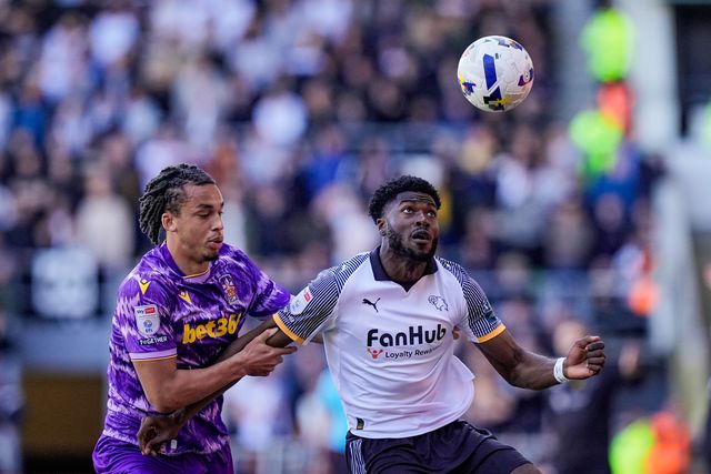 Patrick Agyemang of Derby County battles for the ball  with Ashley Phillips of Stoke City during the Sky Bet Championship match Derby County vs Stoke City at Pride Park Stadium, Derby, United Kingdom on 06 April 2026

(Photo by Maynard Manyowa/News Images)