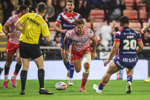 Keanan Brand of Leigh Leopards goes over for a try to make it 4-0 during the Betfred Super League play-off Eliminator 1 match Leigh Leopards vs Wakefield Trinity at Progress With Unity Stadium, Leigh, United Kingdom, 26th September 2025

(Photo by Alfie Cosgrove/News Images)