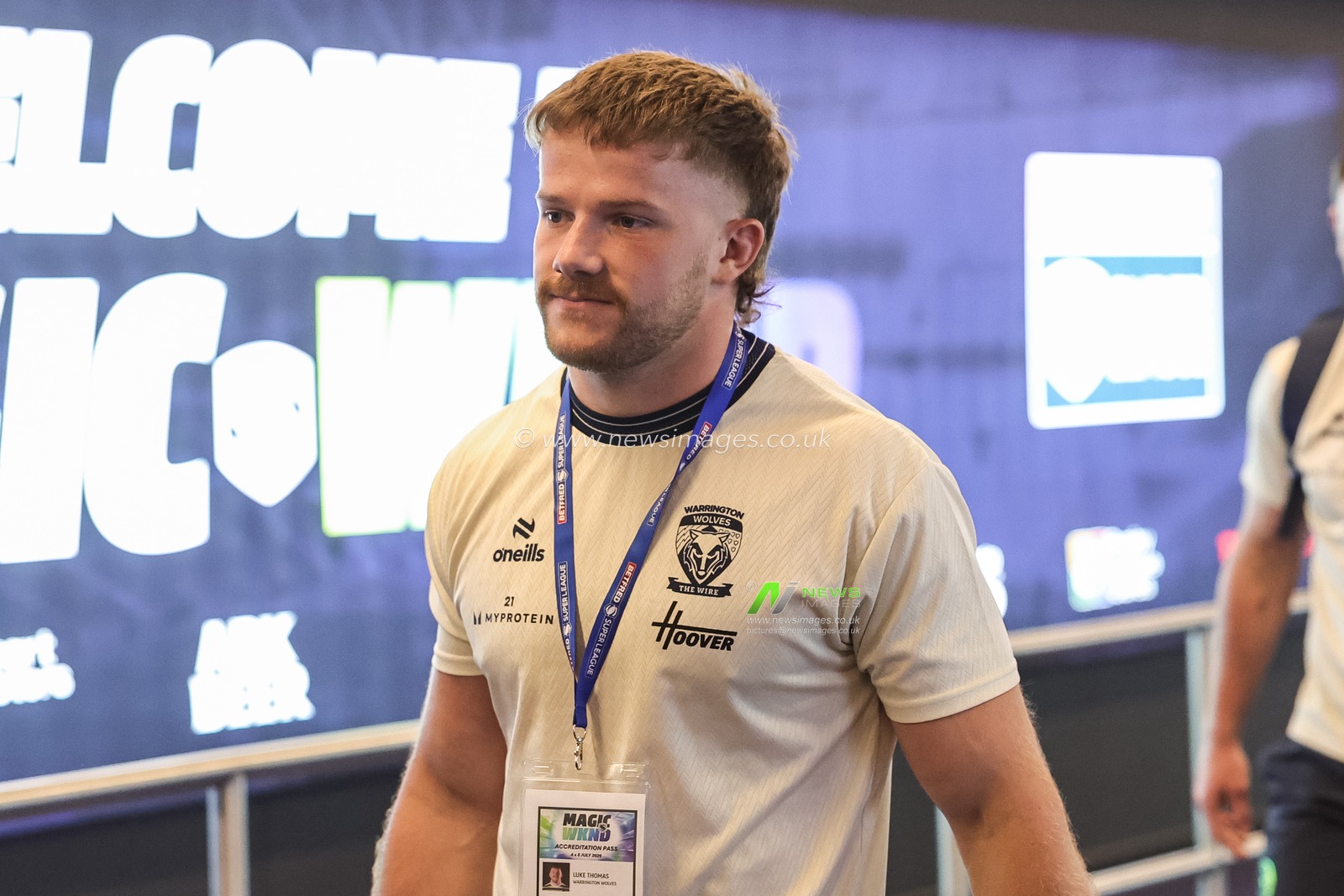 Luke Thomas of Warrington Wolves arrives arrives during the Betfred Super League Magic Weekend match Leigh Leopards vs Warrington Wolves at Hill Dickinson Stadium, Liverpool, United Kingdom on 04 July 2026

(Photo by Mark Cosgrove/News Images)
