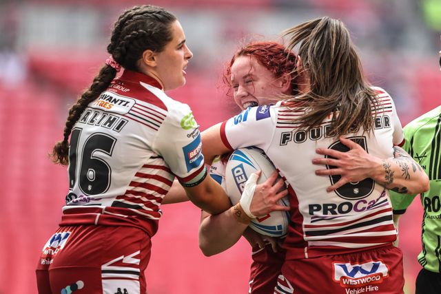 Eva Hunter celebrates her try during the Betfred Women's Challenge Cup Final Wigan Warriors vs St Helens at Wembley Stadium, London, United Kingdom on 30 May 2026

(Photo by Alfie Cosgrove/News Images)