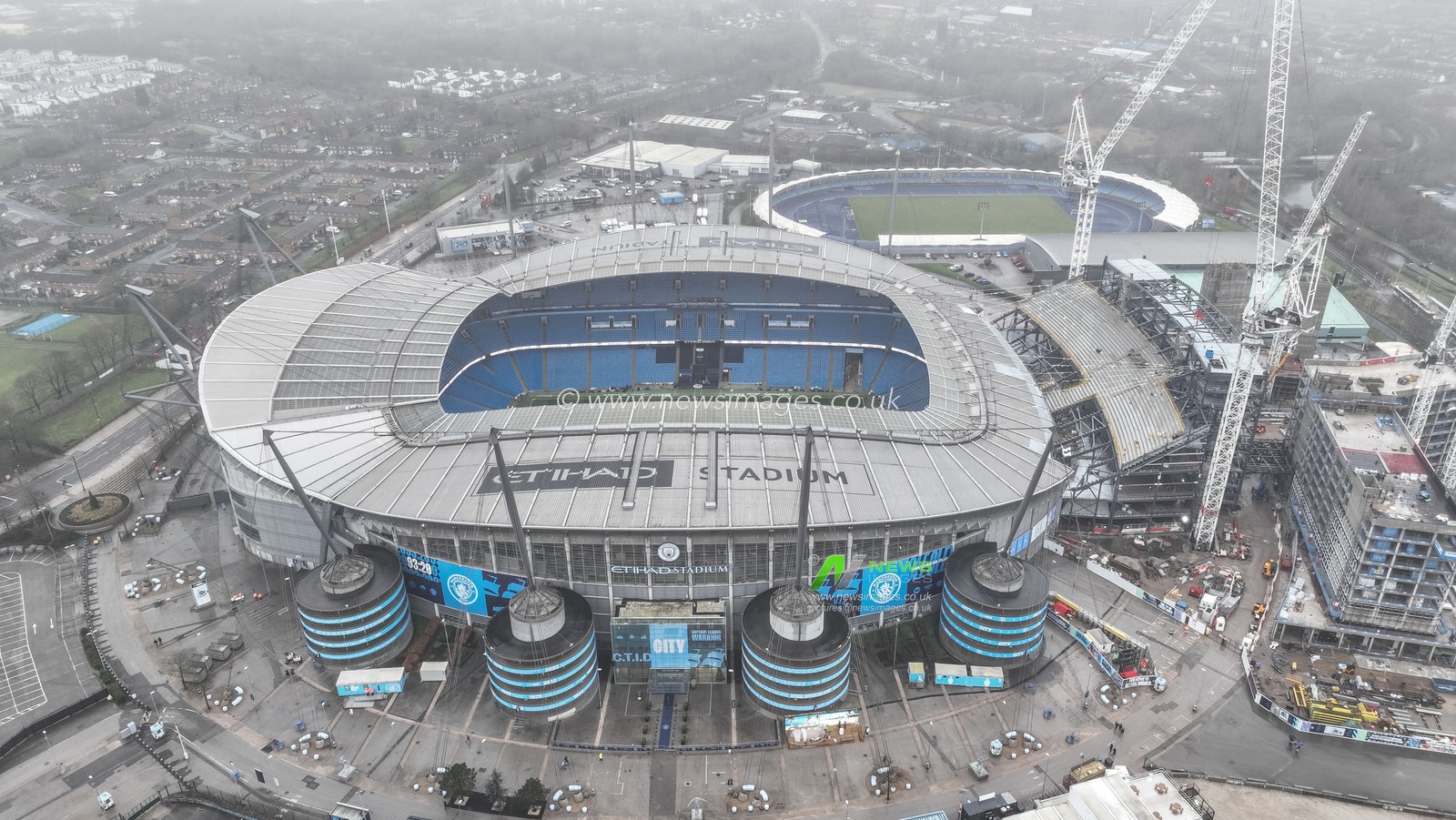 An aerial view of the Etihad Stadium ahead of the Premier League match Manchester City vs Manchester United at Etihad Stadium, Manchester, United Kingdom, 15th December 2024

(Photo by Mark Cosgrove/News Images)