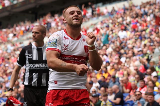 Mikey Lewis of Hull KR celebrates his try during the Betfred Super League Magic Weekend match Hull KR vs Hull FC at Hill Dickinson Stadium, Liverpool, United Kingdom on 04 July 2026

(Photo by Alfie Cosgrove/News Images)