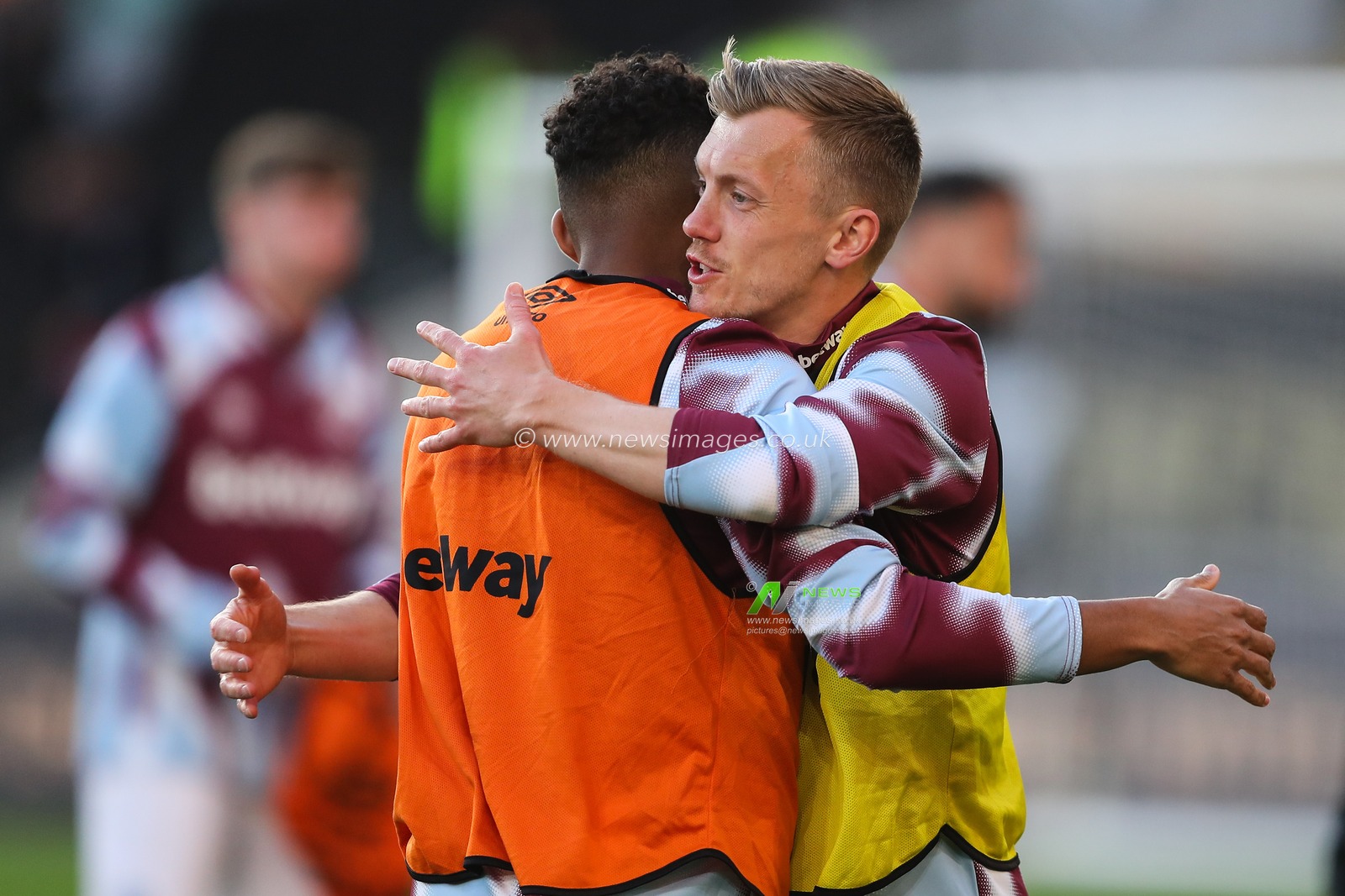 Luis Guilherme of West Ham United and James Ward-Prowse of West Ham United embrace during the pre-game warm up ahead of the Premier League match Wolverhampton Wanderers vs West Ham United at Molineux, Wolverhampton, United Kingdom, 1st April 2025

(Photo by Gareth Evans/News Images)