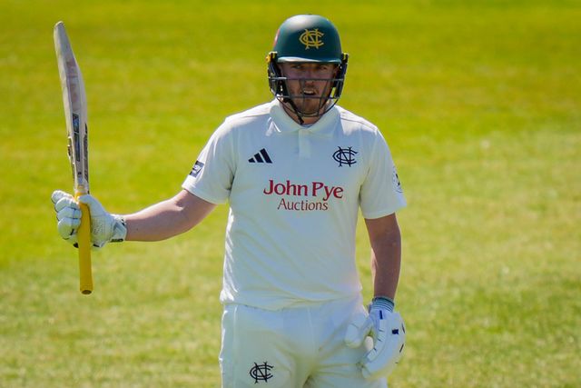Ben Slater of Nottinghamshire celebrates scoring his 50 and raises his bat to acknowledge the fans and team mates on reaching a half century during Leicestershire County Cricket Club vs Nottinghamshire County Cricket Club in Country Cricket Division One Day 1 at Grace Road, Leicester, United Kingdom on 01 May 2026

(Photo by Maynard Manyowa/News Images)