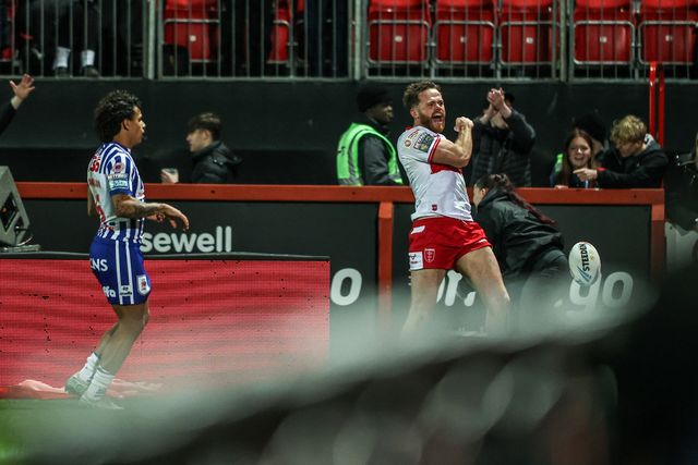 Joe Burgess of Hull KR celebrates his try during the Betfred Super League round 6 match Hull KR vs St Helens at Sewell Group Craven Park, Hull, United Kingdom on 27 March 2026

(Photo by Alfie Cosgrove/News Images)