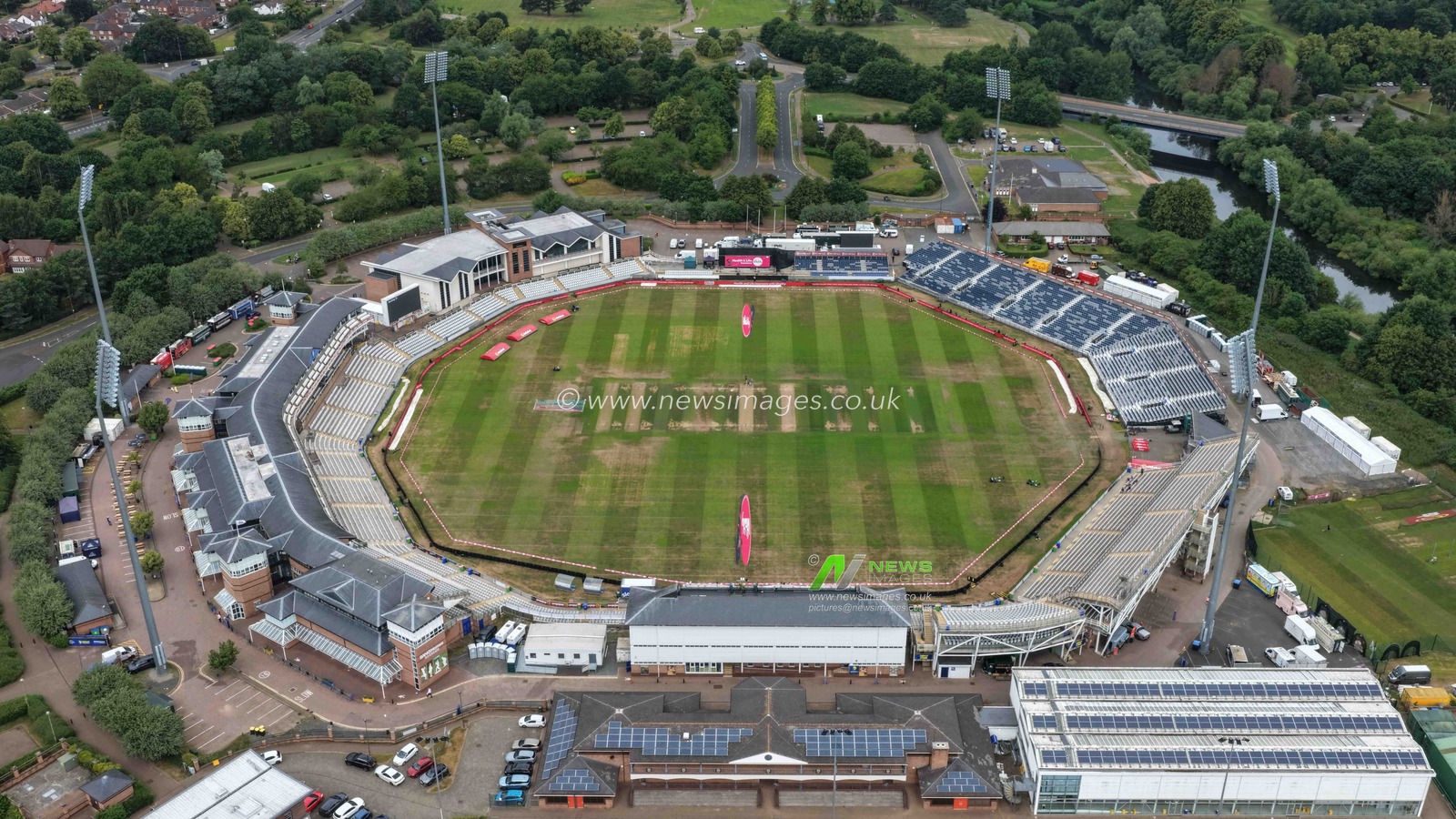 An aerial view of The Banks Homes Riverside Stadium during the First Vitality T20 International match England vs India at Banks Homes Riverside Stadium, Chester-le-street, United Kingdom on 01 July 2026

(Photo by Mark Cosgrove/News Images)