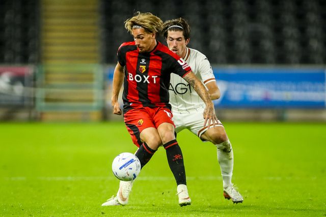 Iker Bravo of Watford under pressure from Josh Key of Swansea City during the Sky Bet Championship match Swansea City vs Watford at Swansea.com Stadium, Swansea, United Kingdom on 01 September 2026

(Photo by Andrew Lewis/News Images)