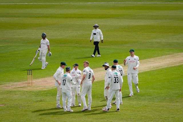 Nottinghamshire celebrate the wicket of Rishi Patel during the County Championship Division One day 3 Leicestershire vs Nottinghamshire at Grace Road, Leicester, United Kingdom on 03 May 2026

(Photo by Maynard Manyowa/News Images)