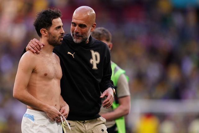 Josep Guardiola manager of Manchester City and Bernardo Silva of Manchester City at full time during the Emirates FA Cup Semi-Final match Manchester City vs Southampton at Wembley Stadium, London, United Kingdom on 25 April 2026

(Photo by Harvey Murphy/News Images)
