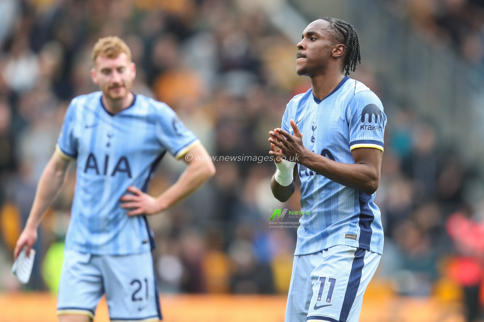 Mathys Tel of Tottenham Hotspur applauds the travelling fans after the Premier League match Wolverhampton Wanderers vs Tottenham Hotspur at Molineux, Wolverhampton, United Kingdom, 13th April 2025

(Photo by Gareth Evans/News Images)