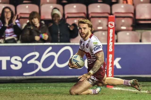 Adam Keighran of Wigan Warriors goes over for a try during the Betfred Super League round 5 match Wigan Warriors vs York Knights at The Brick Community Stadium, Wigan, United Kingdom on 19 March 2026

(Photo by Alfie Cosgrove/News Images)
