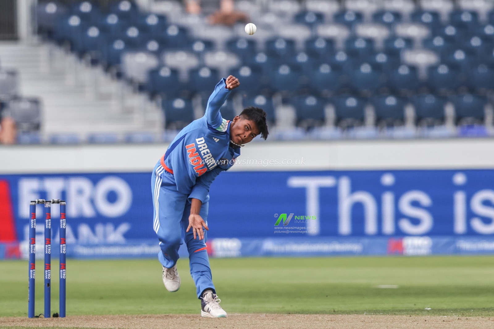 Kranti Gaud of India delivers the ball during the 3rd Metro Bank One Day International England Women vs India Women at Banks Homes Riverside Stadium, Chester-le-street, United Kingdom, 22nd July 2025

(Photo by Alfie Cosgrove/News Images)